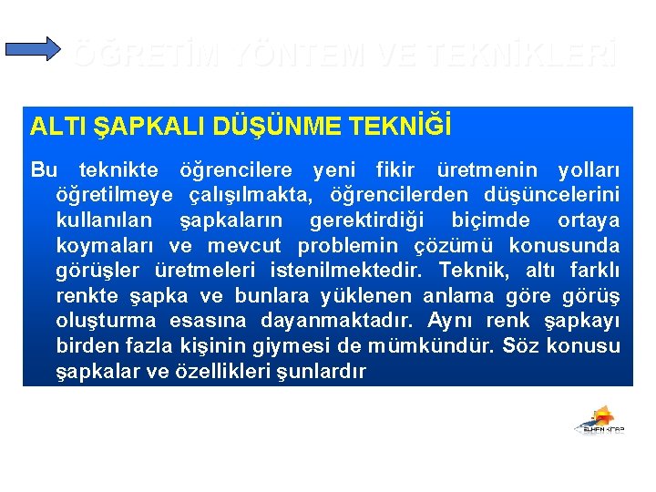 ÖĞRETİM YÖNTEM VE TEKNİKLERİ ALTI ŞAPKALI DÜŞÜNME TEKNİĞİ Bu teknikte öğrencilere yeni fikir üretmenin