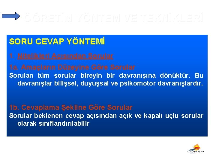 ÖĞRETİM YÖNTEM VE TEKNİKLERİ SORU CEVAP YÖNTEMİ 1. Nitelikleri Açısından Sorular 1 a. Amaçların