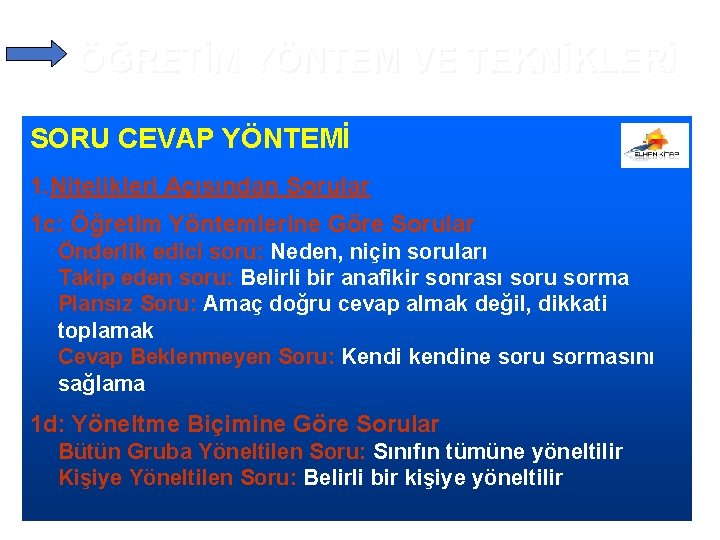 ÖĞRETİM YÖNTEM VE TEKNİKLERİ SORU CEVAP YÖNTEMİ 1. Nitelikleri Açısından Sorular 1 c: Öğretim