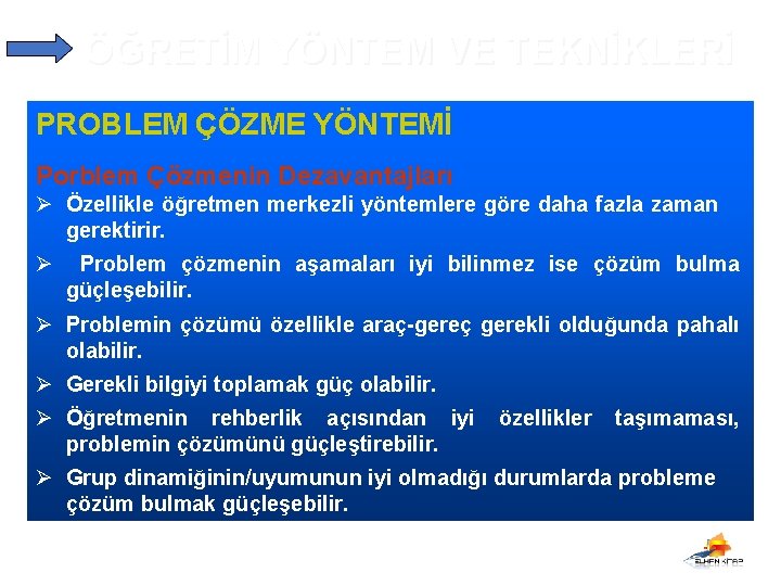 ÖĞRETİM YÖNTEM VE TEKNİKLERİ PROBLEM ÇÖZME YÖNTEMİ Porblem Çözmenin Dezavantajları Ø Özellikle öğretmen merkezli