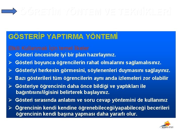 ÖĞRETİM YÖNTEM VE TEKNİKLERİ GÖSTERİP YAPTIRMA YÖNTEMİ Etkili Kullanmak İçin temel İlkeler Ø Gösteri