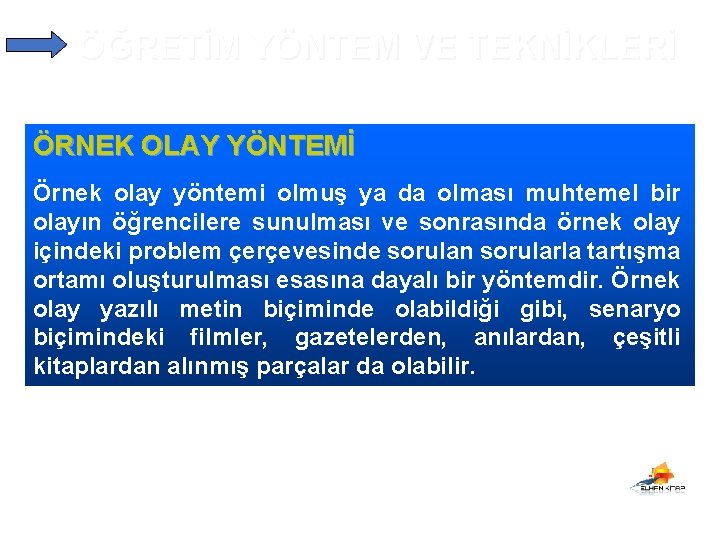 ÖĞRETİM YÖNTEM VE TEKNİKLERİ ÖRNEK OLAY YÖNTEMİ Örnek olay yöntemi olmuş ya da olması