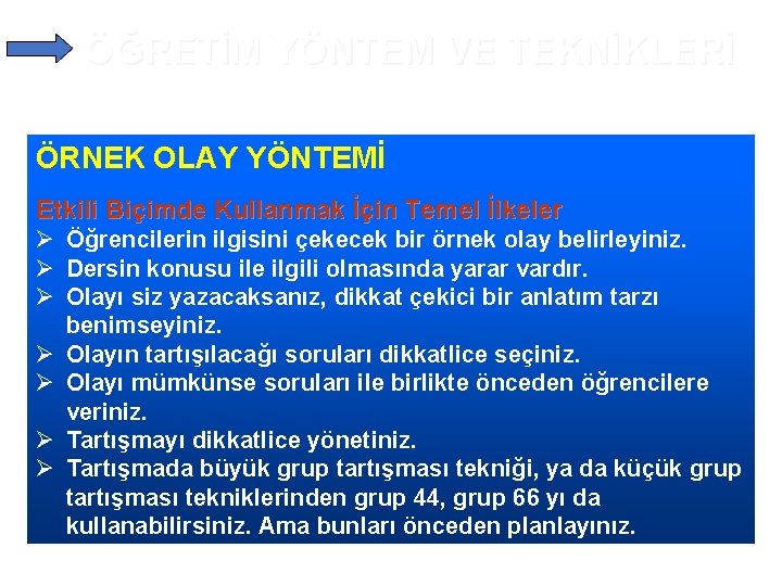 ÖĞRETİM YÖNTEM VE TEKNİKLERİ ÖRNEK OLAY YÖNTEMİ Etkili Biçimde Kullanmak İçin Temel İlkeler Ø