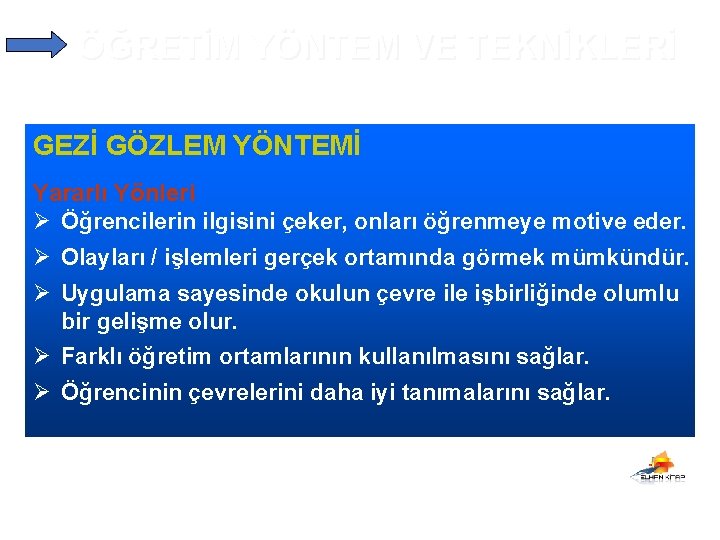 ÖĞRETİM YÖNTEM VE TEKNİKLERİ GEZİ GÖZLEM YÖNTEMİ Yararlı Yönleri Ø Öğrencilerin ilgisini çeker, onları