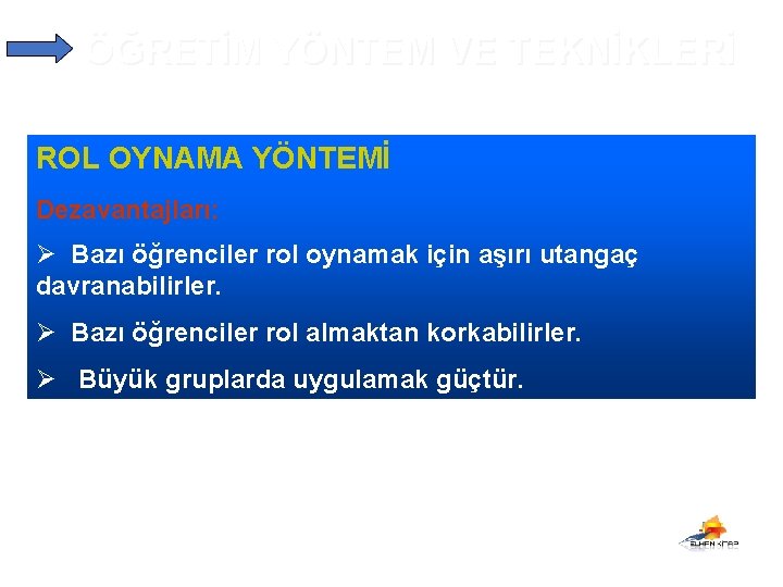 ÖĞRETİM YÖNTEM VE TEKNİKLERİ ROL OYNAMA YÖNTEMİ Dezavantajları: Ø Bazı öğrenciler rol oynamak için