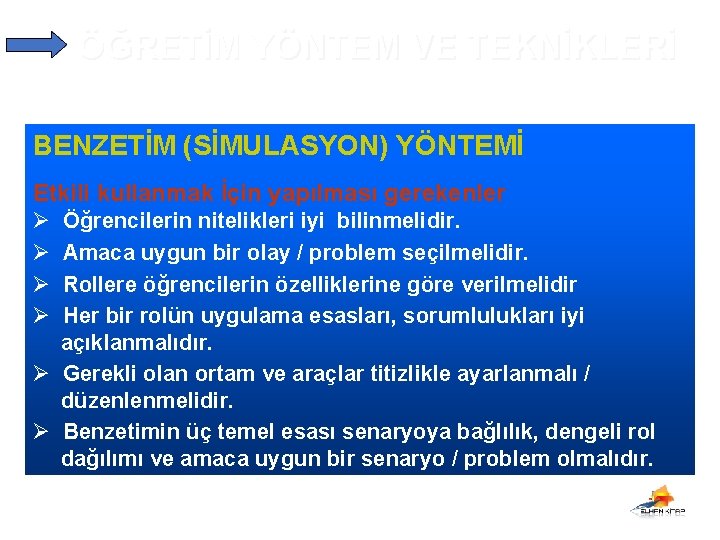 ÖĞRETİM YÖNTEM VE TEKNİKLERİ BENZETİM (SİMULASYON) YÖNTEMİ Etkili kullanmak İçin yapılması gerekenler Ø Ø