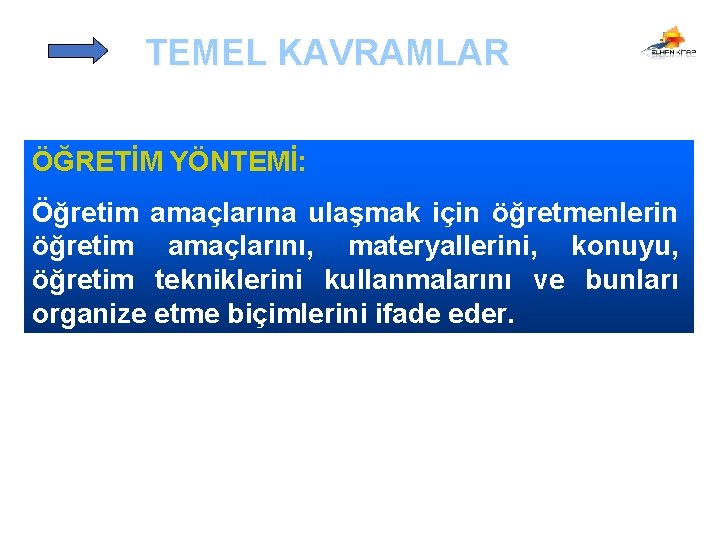 TEMEL KAVRAMLAR ÖĞRETİM YÖNTEMİ: Öğretim amaçlarına ulaşmak için öğretmenlerin öğretim amaçlarını, materyallerini, konuyu, öğretim