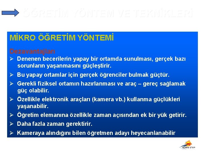 ÖĞRETİM YÖNTEM VE TEKNİKLERİ MİKRO ÖĞRETİM YÖNTEMİ Dezavantajları Ø Denenen becerilerin yapay bir ortamda