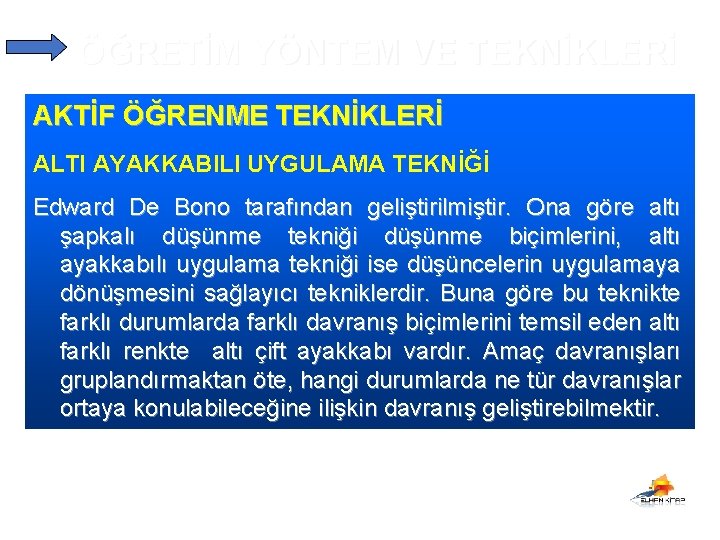 ÖĞRETİM YÖNTEM VE TEKNİKLERİ AKTİF ÖĞRENME TEKNİKLERİ ALTI AYAKKABILI UYGULAMA TEKNİĞİ Edward De Bono