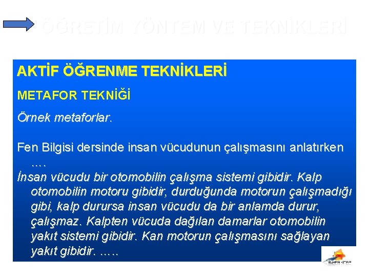 ÖĞRETİM YÖNTEM VE TEKNİKLERİ AKTİF ÖĞRENME TEKNİKLERİ METAFOR TEKNİĞİ Örnek metaforlar. Fen Bilgisi dersinde