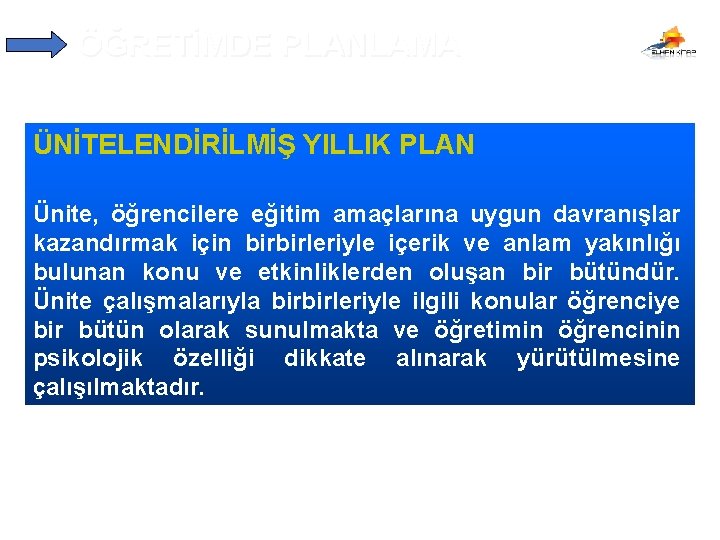 ÖĞRETİMDE PLANLAMA ÜNİTELENDİRİLMİŞ YILLIK PLAN Ünite, öğrencilere eğitim amaçlarına uygun davranışlar kazandırmak için birbirleriyle