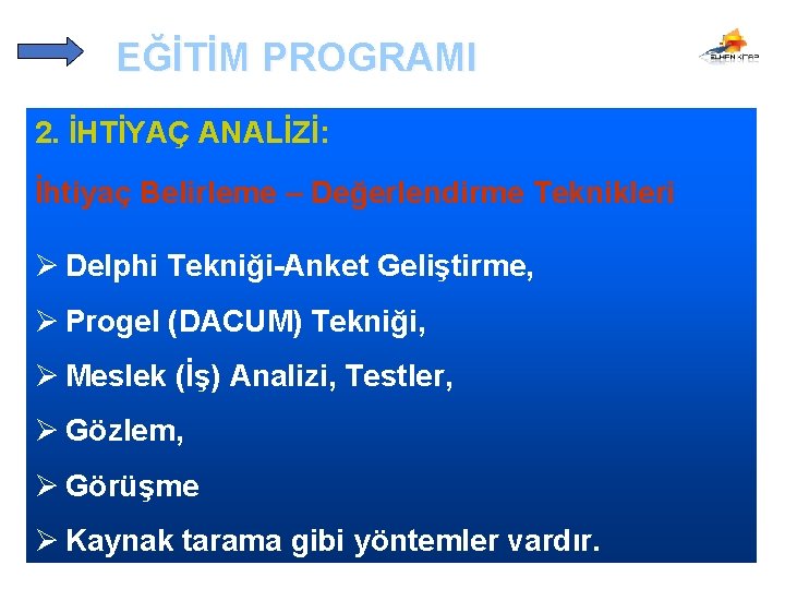 EĞİTİM PROGRAMI 2. İHTİYAÇ ANALİZİ: İhtiyaç Belirleme – Değerlendirme Teknikleri Ø Delphi Tekniği-Anket Geliştirme,