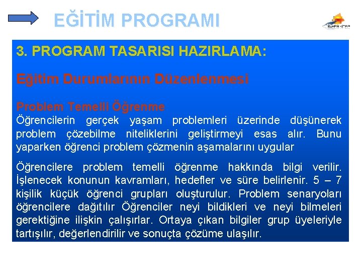 EĞİTİM PROGRAMI 3. PROGRAM TASARISI HAZIRLAMA: Eğitim Durumlarının Düzenlenmesi Problem Temelli Öğrenme Öğrencilerin gerçek