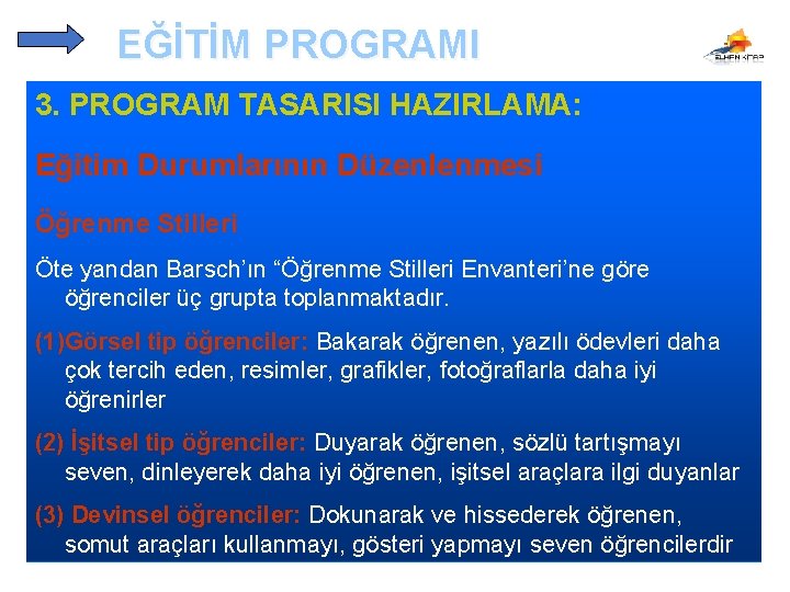 EĞİTİM PROGRAMI 3. PROGRAM TASARISI HAZIRLAMA: Eğitim Durumlarının Düzenlenmesi Öğrenme Stilleri Öte yandan Barsch’ın