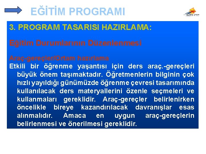 EĞİTİM PROGRAMI 3. PROGRAM TASARISI HAZIRLAMA: Eğitim Durumlarının Düzenlenmesi Araç-gereçler/Ortam hazırlama Etkili bir öğrenme