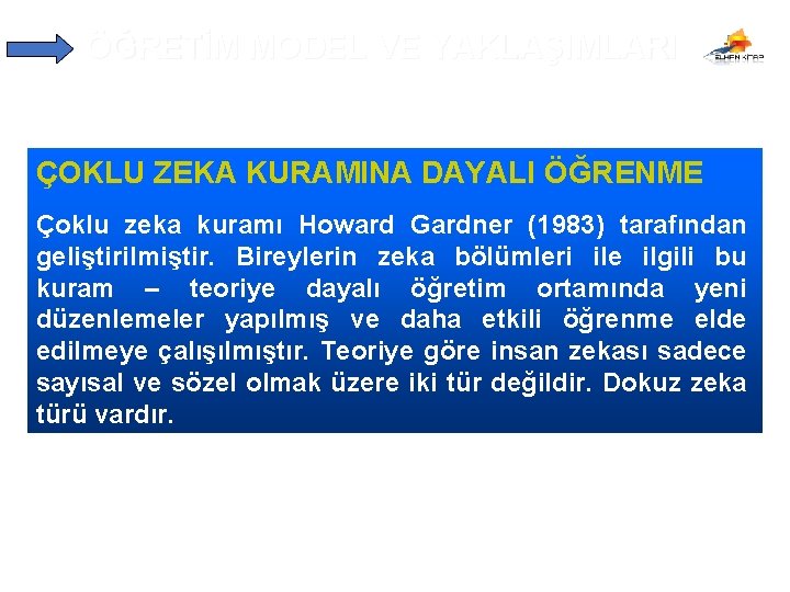 ÖĞRETİM MODEL VE YAKLAŞIMLARI ÇOKLU ZEKA KURAMINA DAYALI ÖĞRENME Çoklu zeka kuramı Howard Gardner