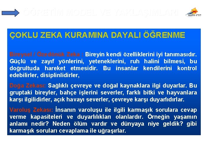 ÖĞRETİM MODEL VE YAKLAŞIMLARI ÇOKLU ZEKA KURAMINA DAYALI ÖĞRENME Bireysel / Özedönük Zeka :