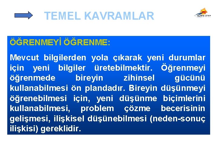 TEMEL KAVRAMLAR ÖĞRENMEYİ ÖĞRENME: Mevcut bilgilerden yola çıkarak yeni durumlar için yeni bilgiler üretebilmektir.