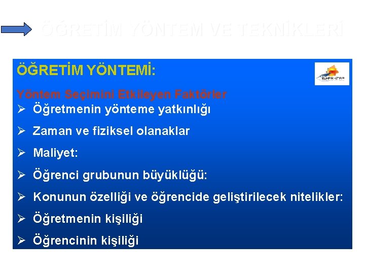 ÖĞRETİM YÖNTEM VE TEKNİKLERİ ÖĞRETİM YÖNTEMİ: Yöntem Seçimini Etkileyen Faktörler Ø Öğretmenin yönteme yatkınlığı