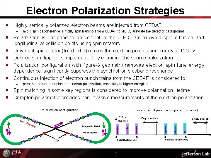 Electron Polarization Strategies Highly vertically polarized electron beams are injected from CEBAF – avoid