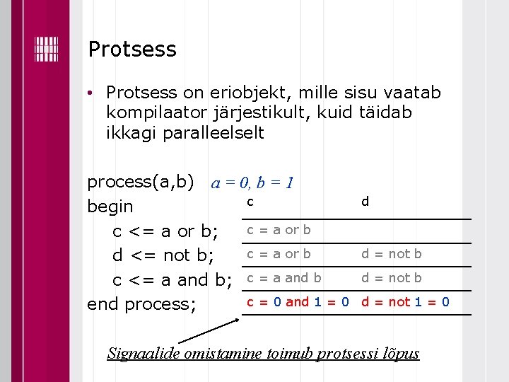 Protsess • Protsess on eriobjekt, mille sisu vaatab kompilaator järjestikult, kuid täidab ikkagi paralleelselt