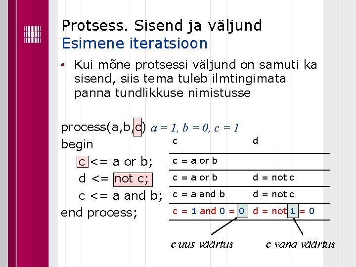 Protsess. Sisend ja väljund Esimene iteratsioon • Kui mõne protsessi väljund on samuti ka