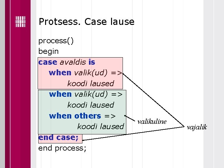 Protsess. Case lause process() begin case avaldis is when valik(ud) => koodi laused when