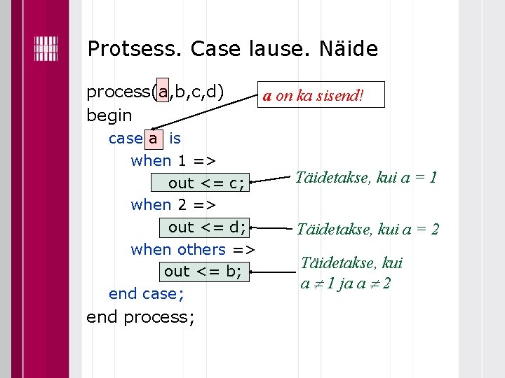 Protsess. Case lause. Näide process(a, b, c, d) begin case a is when 1
