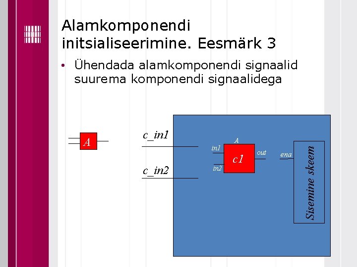 Alamkomponendi initsialiseerimine. Eesmärk 3 • Ühendada alamkomponendi signaalid suurema komponendi signaalidega in 1 c_in Alamkomponendi initsialiseerimine. Eesmärk 3 • Ühendada alamkomponendi signaalid suurema komponendi signaalidega in 1 c_in