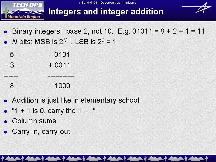 ASU MAT 591: Opportunities in Industry Integers and integer addition l l Binary integers: