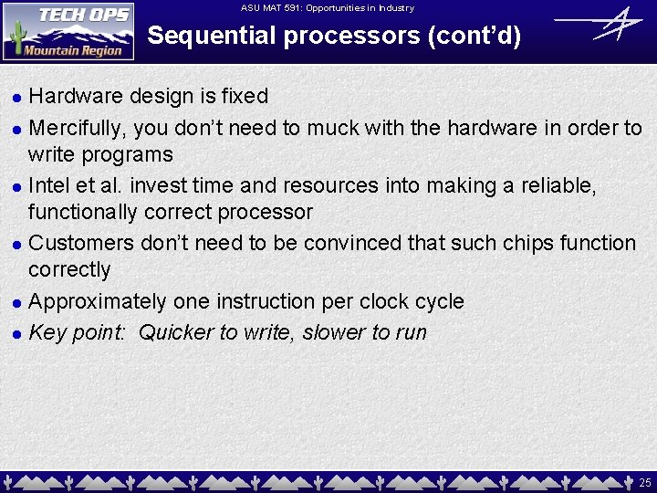 ASU MAT 591: Opportunities in Industry Sequential processors (cont’d) Hardware design is fixed l