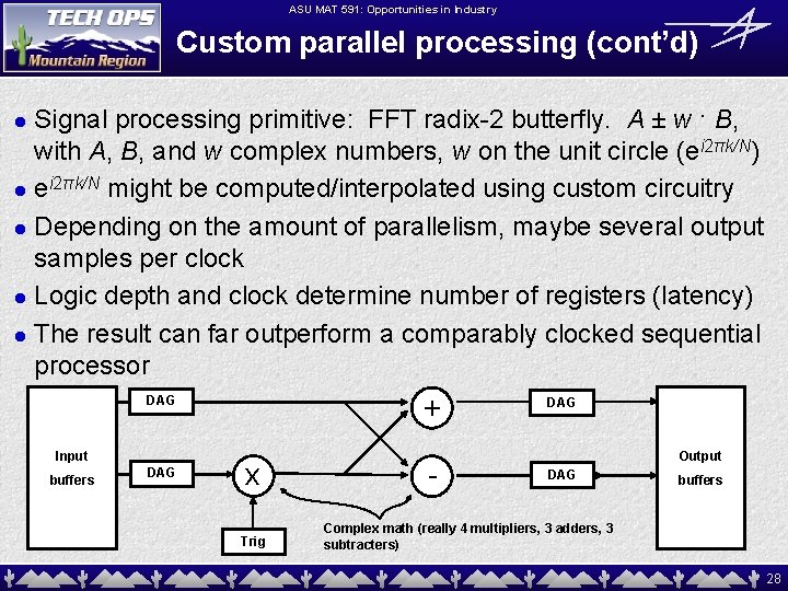 ASU MAT 591: Opportunities in Industry Custom parallel processing (cont’d) Signal processing primitive: FFT