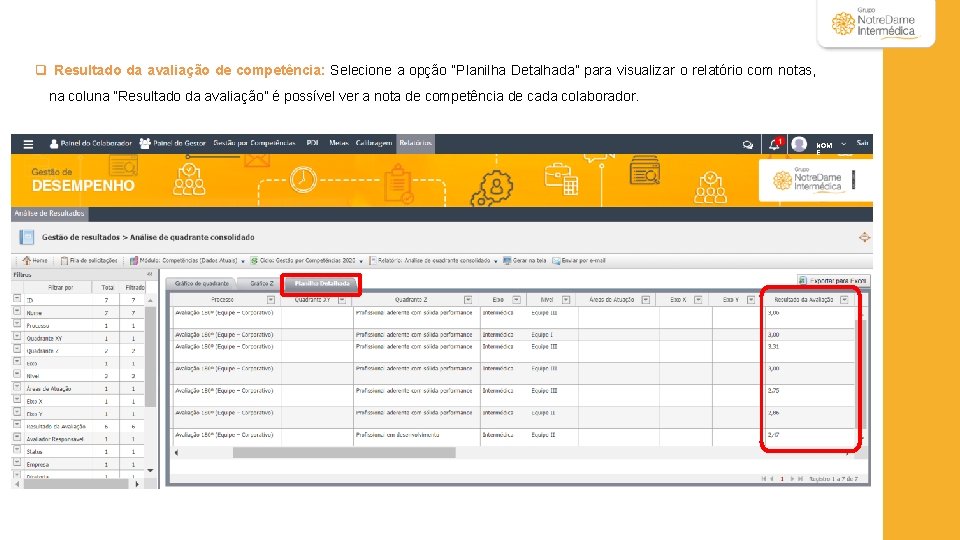 q Resultado da avaliação de competência: Selecione a opção “Planilha Detalhada” para visualizar o