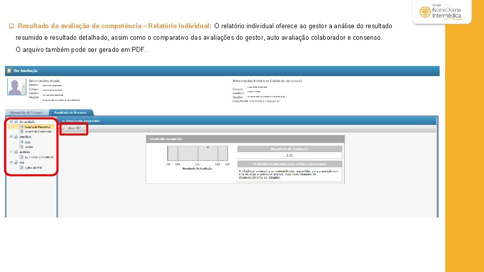 q Resultado da avaliação de competência – Relatório Individual: O relatório individual oferece ao