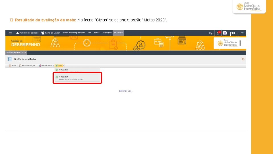 q Resultado da avaliação de meta: No ícone “Ciclos” selecione a opção “Metas 2020”.