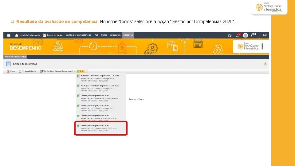 q Resultado da avaliação de competência: No ícone “Ciclos” selecione a opção “Gestão por
