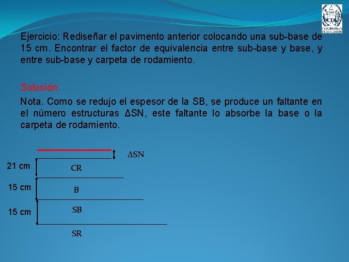 Ejercicio: Rediseñar el pavimento anterior colocando una sub-base de 15 cm. Encontrar el factor