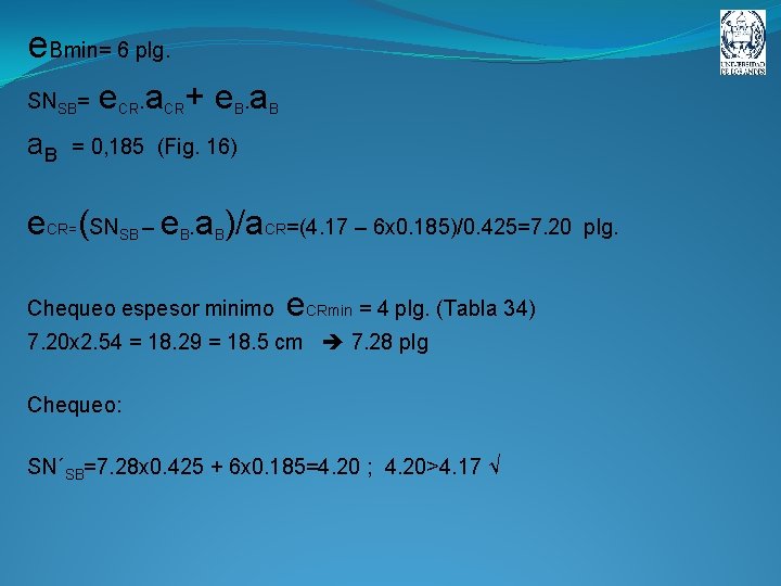 e. Bmin= 6 plg. SNSB= a. B e. CR. a. CR+ e. B. a.