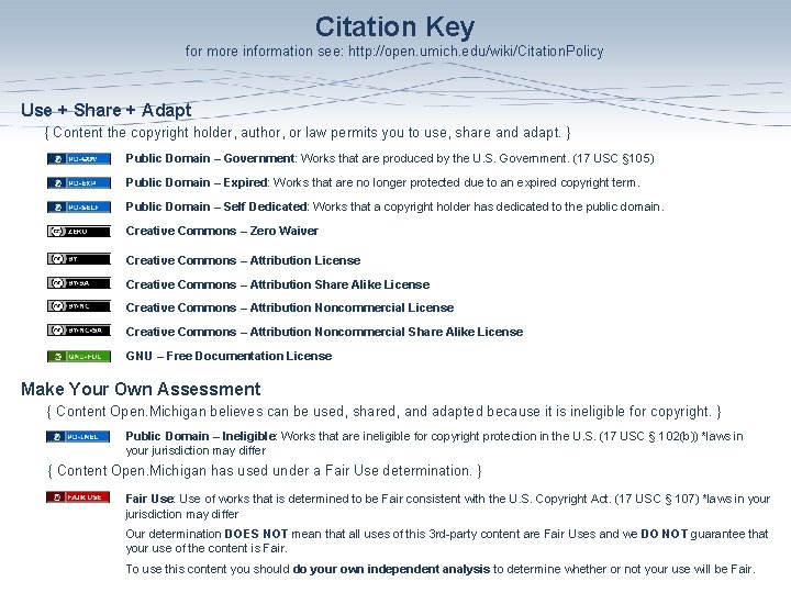 Citation Key for more information see: http: //open. umich. edu/wiki/Citation. Policy Use + Share