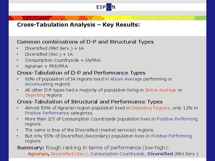 Cross-Tabulation Analysis – Key Results: Common combinations of D-P and Structural Types • •