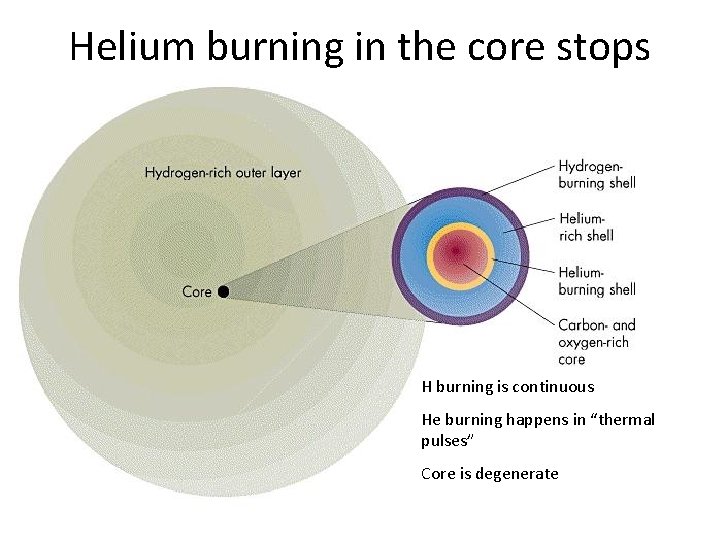 Helium burning in the core stops H burning is continuous He burning happens in