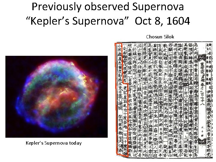 Previously observed Supernova “Kepler’s Supernova” Oct 8, 1604 Chosun Silok Kepler’s Supernova today 