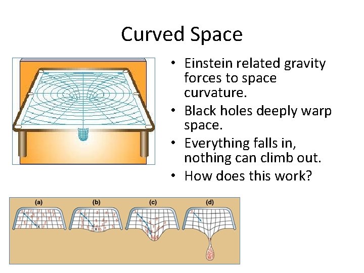 Curved Space • Einstein related gravity forces to space curvature. • Black holes deeply