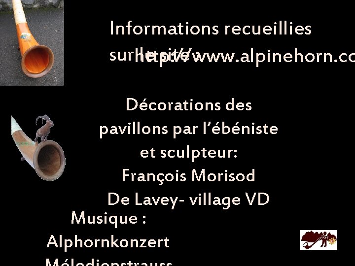 Informations recueillies surhttp: //www. alpinehorn. co le site : Décorations des pavillons par l’ébéniste