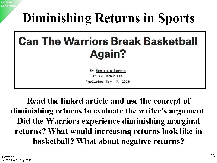 Diminishing Returns in Sports Read the linked article and use the concept of diminishing