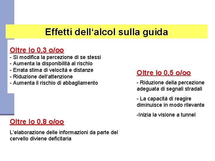 Effetti dell‘alcol sulla guida Oltre lo 0, 3 o/oo - Si modifica la percezione