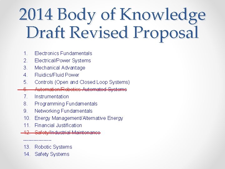 2014 Body of Knowledge Draft Revised Proposal 1. Electronics Fundamentals 2. Electrical/Power Systems 3.