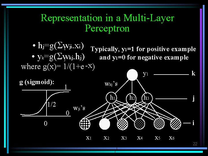 Representation in a Multi-Layer Perceptron • hj=g( w i ji. xi) • yk=g( wj