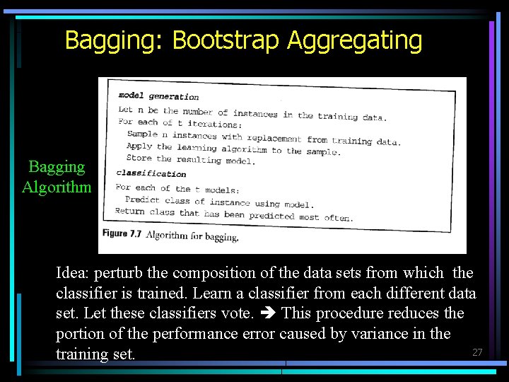 Bagging: Bootstrap Aggregating Bagging Algorithm Idea: perturb the composition of the data sets from