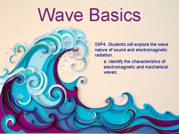 Wave Basics S 8 P 4. Students will explore the wave nature of sound
